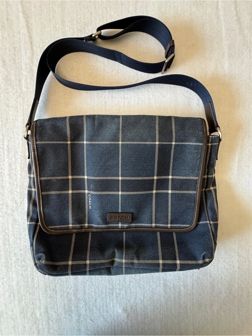 Coach Men's Navy Plaid Canvas Messenger Bag with Leather Trim